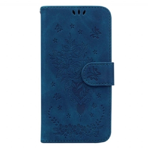 Flip Case Für Xiaomi Redmi Note 12 5G Mit Kordel Riemchenrosen Und Schmetterlinge