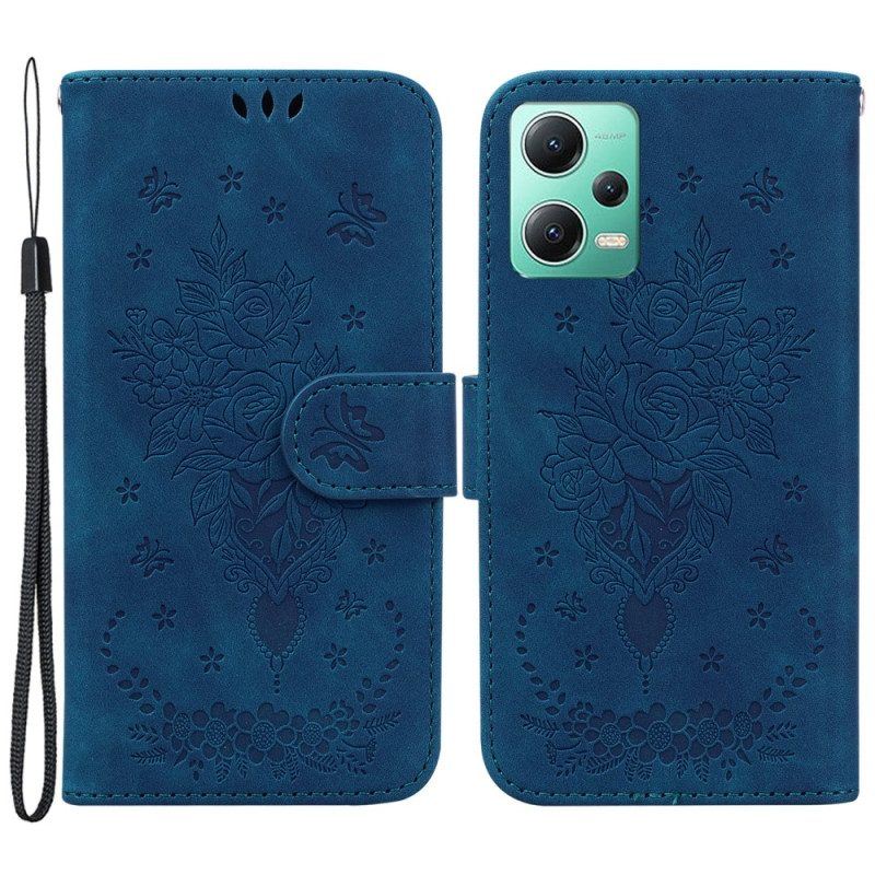 Flip Case Für Xiaomi Redmi Note 12 5G Mit Kordel Riemchenrosen Und Schmetterlinge