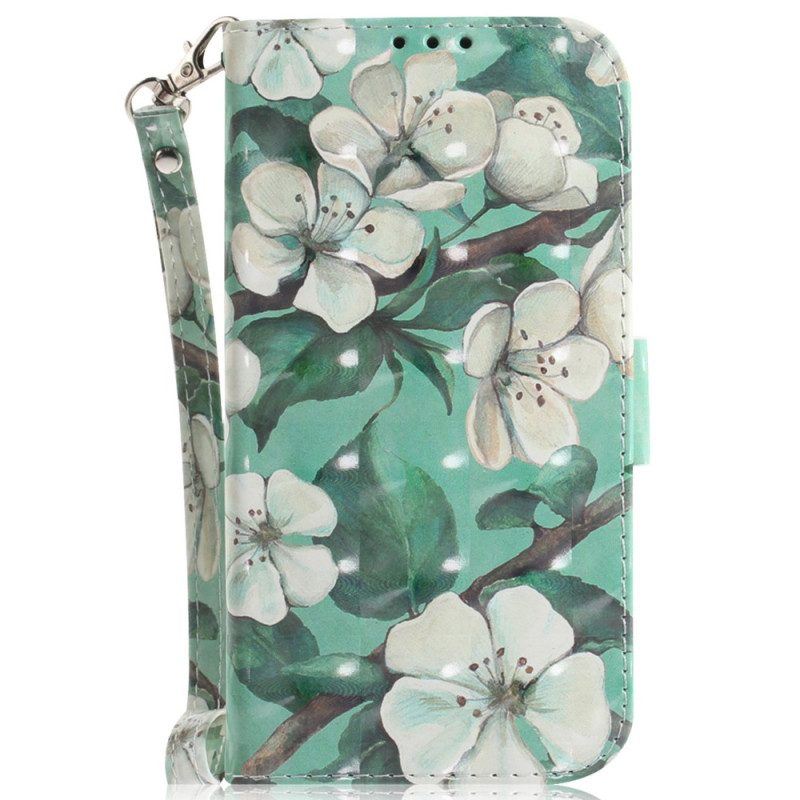 Flip Case Für Xiaomi Redmi Note 12 5G Mit Kordel Weiße Riemchenblumen