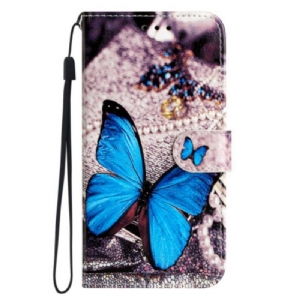 Flip Case Für Moto G73 5G Mit Kordel Kostbarer Blauer Schmetterling Mit Riemen