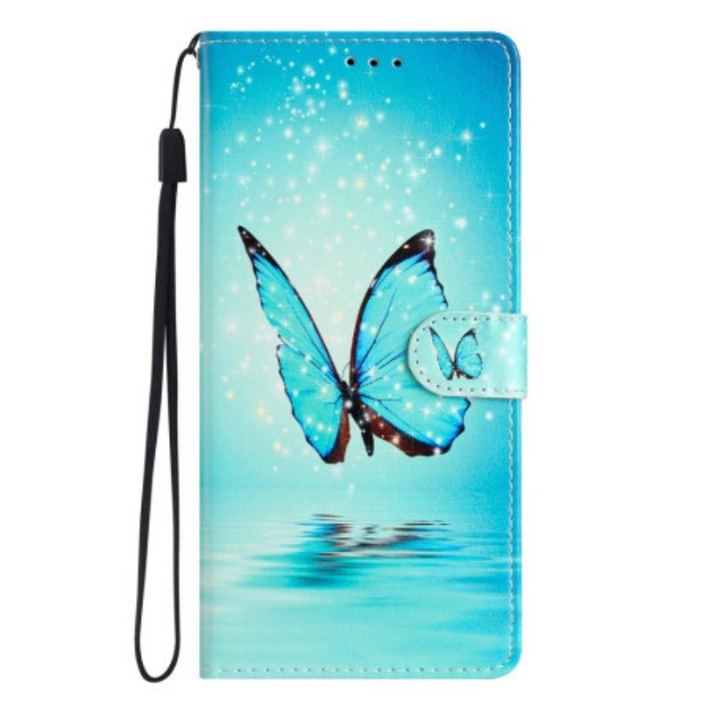 Flip Case Für Samsung Galaxy A54 5G Mit Kordel Blauer Schmetterling Mit Riemen