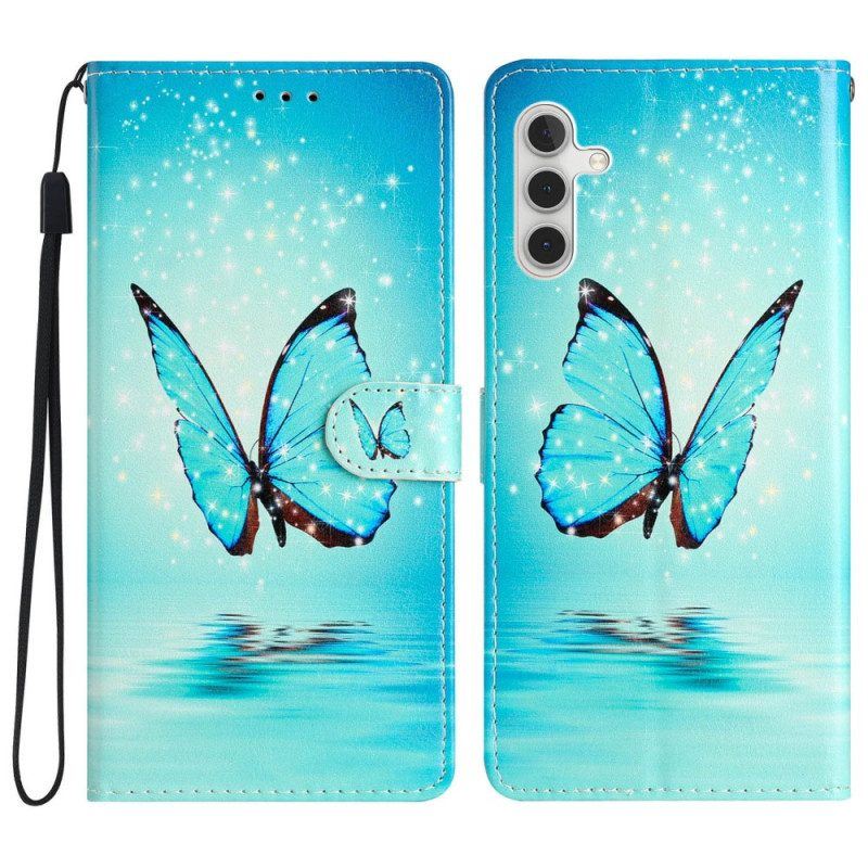 Flip Case Für Samsung Galaxy A54 5G Mit Kordel Blauer Schmetterling Mit Riemen