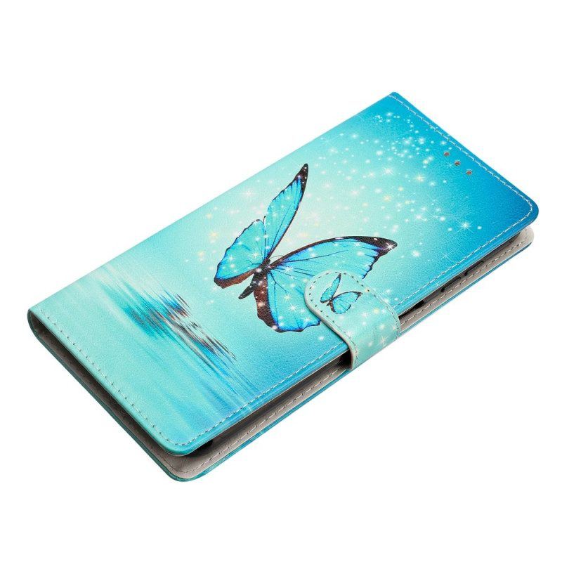 Flip Case Für Samsung Galaxy A54 5G Mit Kordel Blauer Schmetterling Mit Riemen