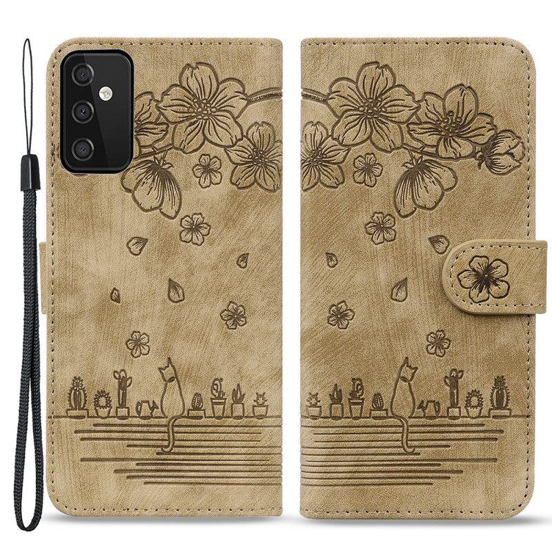 Flip Case Für Samsung Galaxy A54 5G Mit Kordel Blumen-tanga-katze