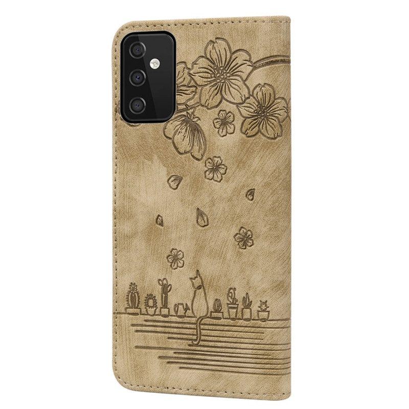 Flip Case Für Samsung Galaxy A54 5G Mit Kordel Blumen-tanga-katze