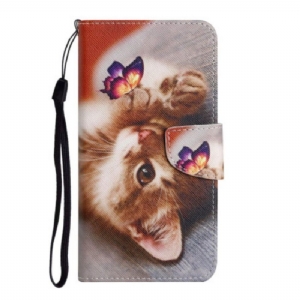 Flip Case Für Samsung Galaxy A54 5G Mit Kordel Katze Und Schmetterling Mit Schlüsselband