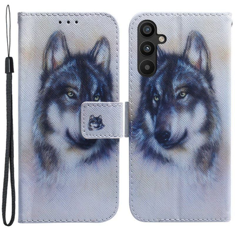 Flip Case Für Samsung Galaxy A54 5G Mit Kordel Riemchen-aquarell-wolf