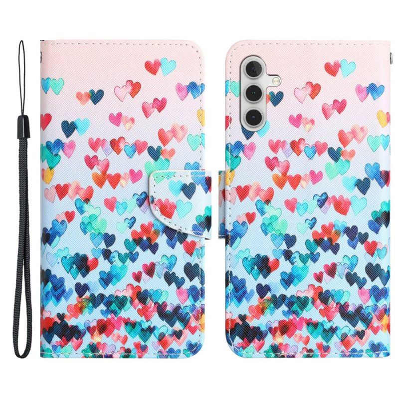 Flip Case Für Samsung Galaxy A54 5G Mit Kordel Strappy Hearts Regen