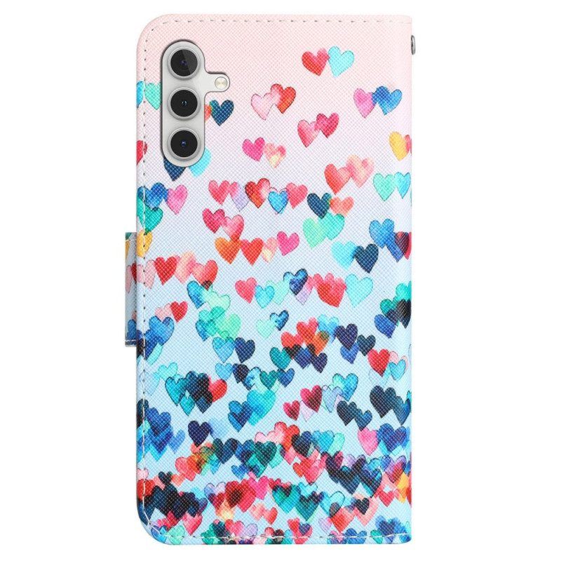 Flip Case Für Samsung Galaxy A54 5G Mit Kordel Strappy Hearts Regen