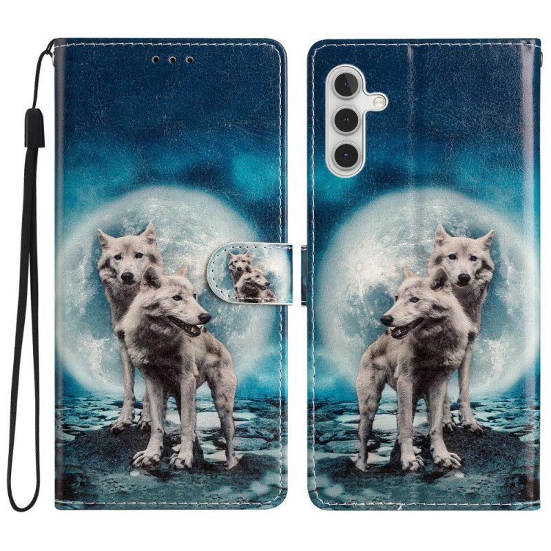 Flip Case Für Samsung Galaxy A54 5G Wolf Unter Mond Mit Schlüsselband