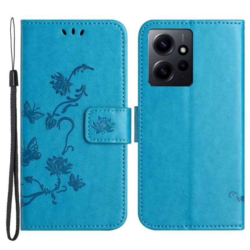 Lederhüllen Für Xiaomi Redmi Note 12 4G Mit Kordel Blumen Und Schmetterlinge Mit Riemen