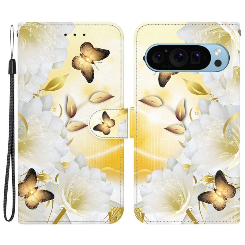 Lederhüllen Google Pixel 9 Goldene Schmetterlinge Und Weiße Blumen Mit Riemen