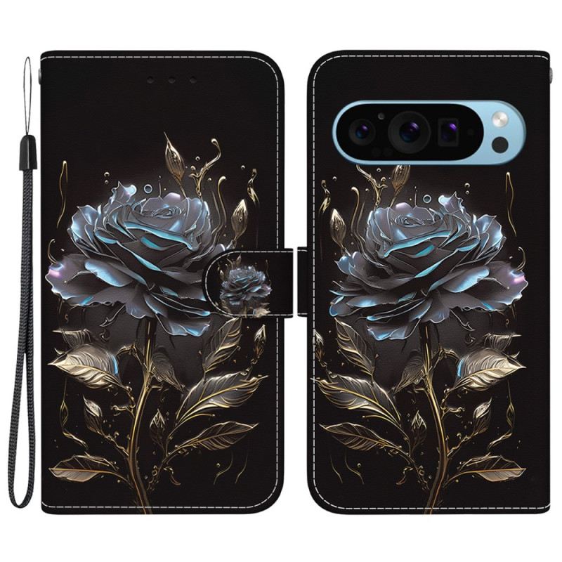 Lederhüllen Google Pixel 9 Handyhülle Schwarze Rose Mit Riemen