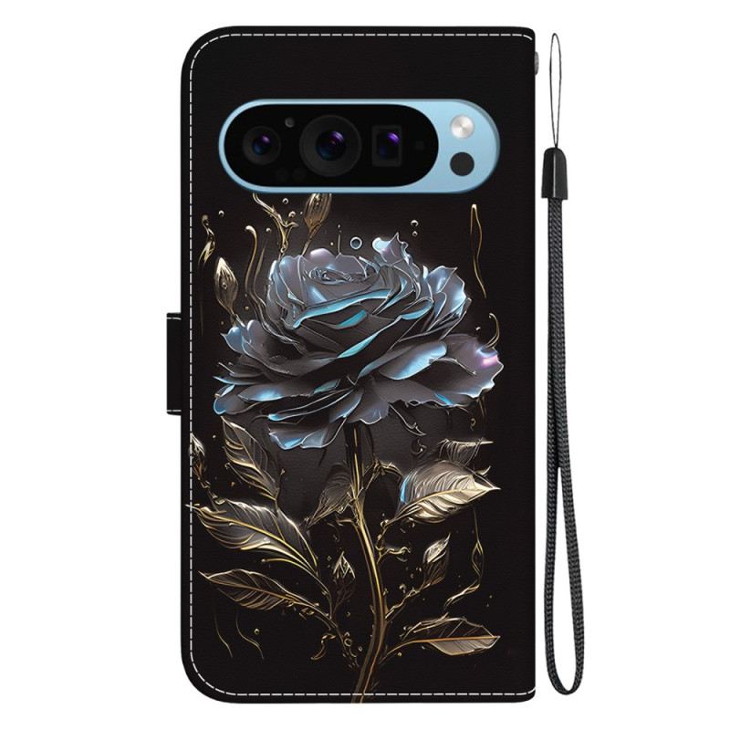 Lederhüllen Google Pixel 9 Handyhülle Schwarze Rose Mit Riemen