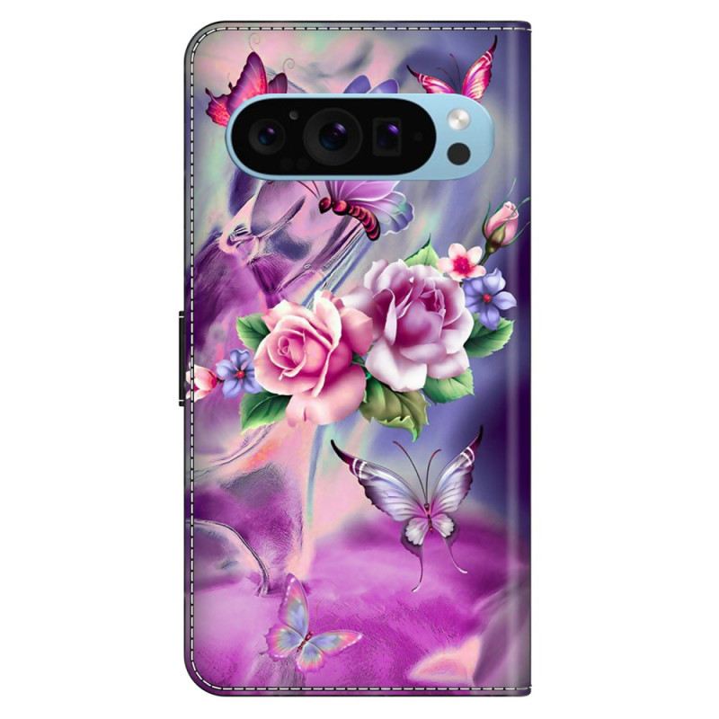 Lederhüllen Google Pixel 9 Schmetterlinge Und Blumen Lila