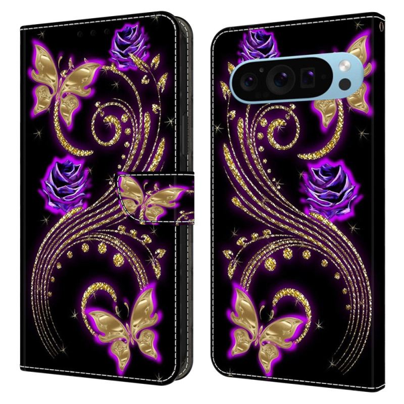 Lederhüllen Google Pixel 9 Violette Blumen Und Schmetterlinge