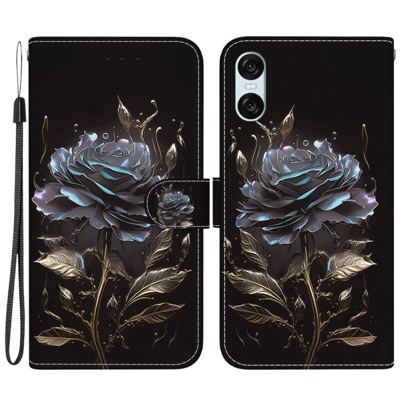 Lederhüllen Sony Xperia 10 Vi Schwarze Rose Mit Riemen