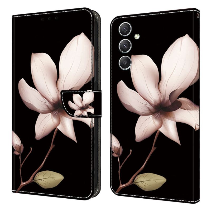 Lederhüllen Samsung Galaxy A15 Handyhülle Rosa Blumen Auf Schwarzem Hintergrund