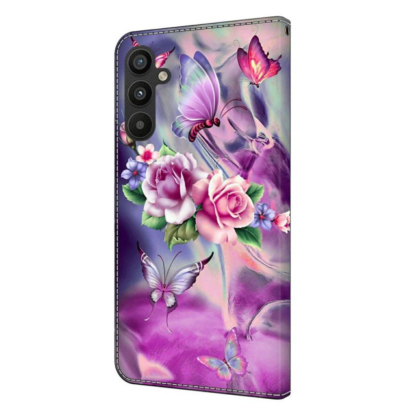 Lederhüllen Samsung Galaxy A15 Lila Schmetterlinge Und Blumen