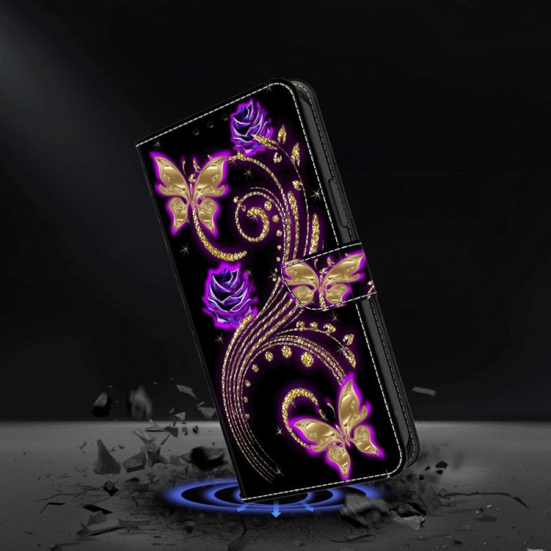 Lederhüllen Samsung Galaxy A15 Violette Blumen Und Schmetterlinge