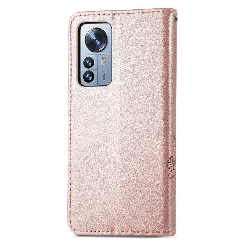 Flip Case Für Xiaomi 12T / 12T Pro Mit Kordel Kleine Riemenblumen