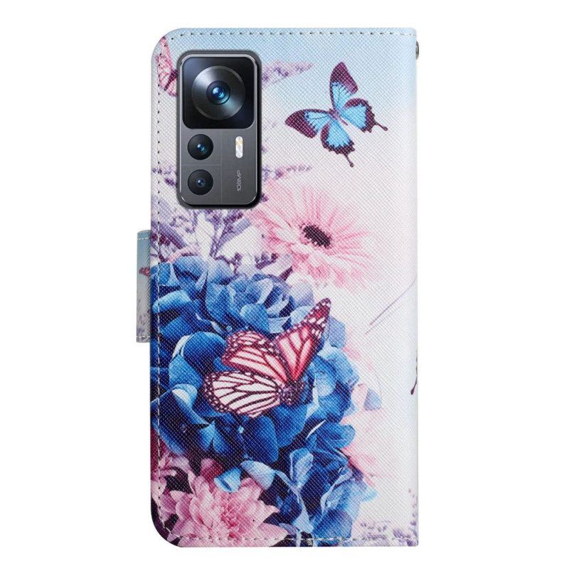 Lederhüllen Für Xiaomi 12T / 12T Pro Blumenschmetterlinge Mit Schlüsselband