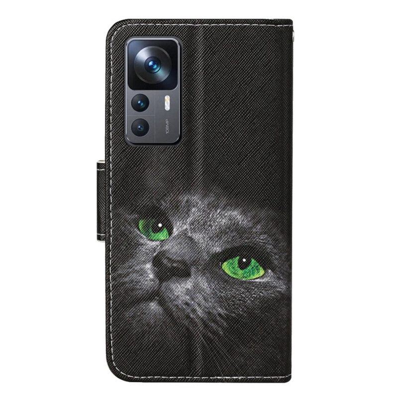 Lederhüllen Für Xiaomi 12T / 12T Pro Mit Kordel Grünäugige Katze Im Riemen