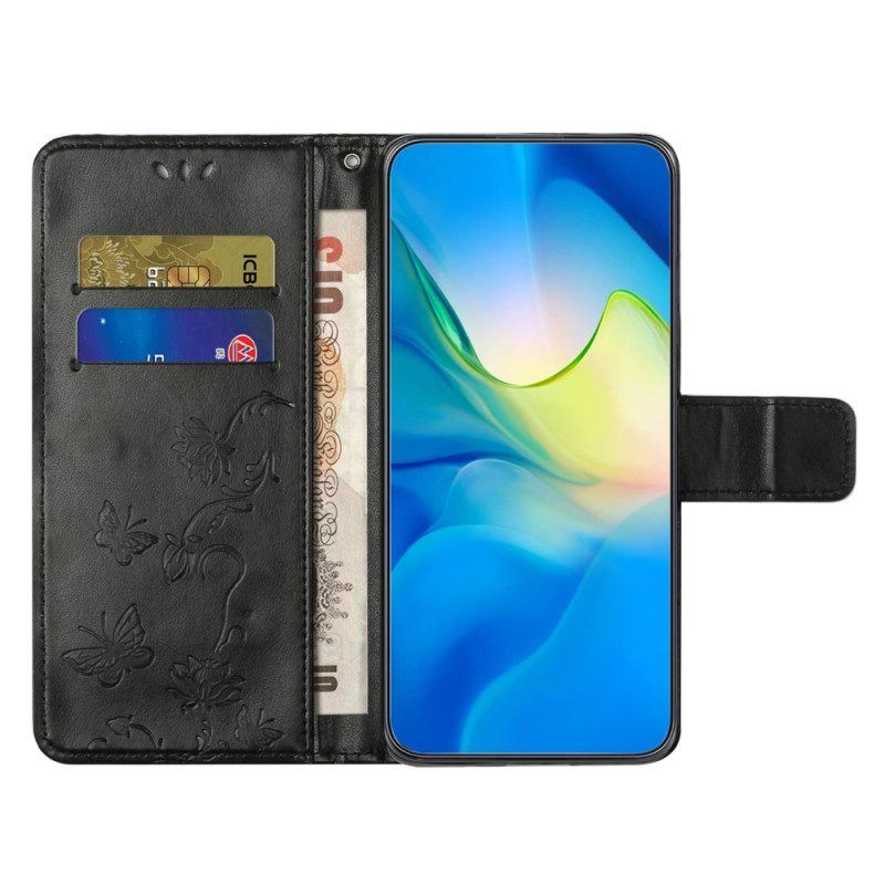 Flip Case Für Poco X5 Pro 5G Mit Kordel Riemchenblumenmuster