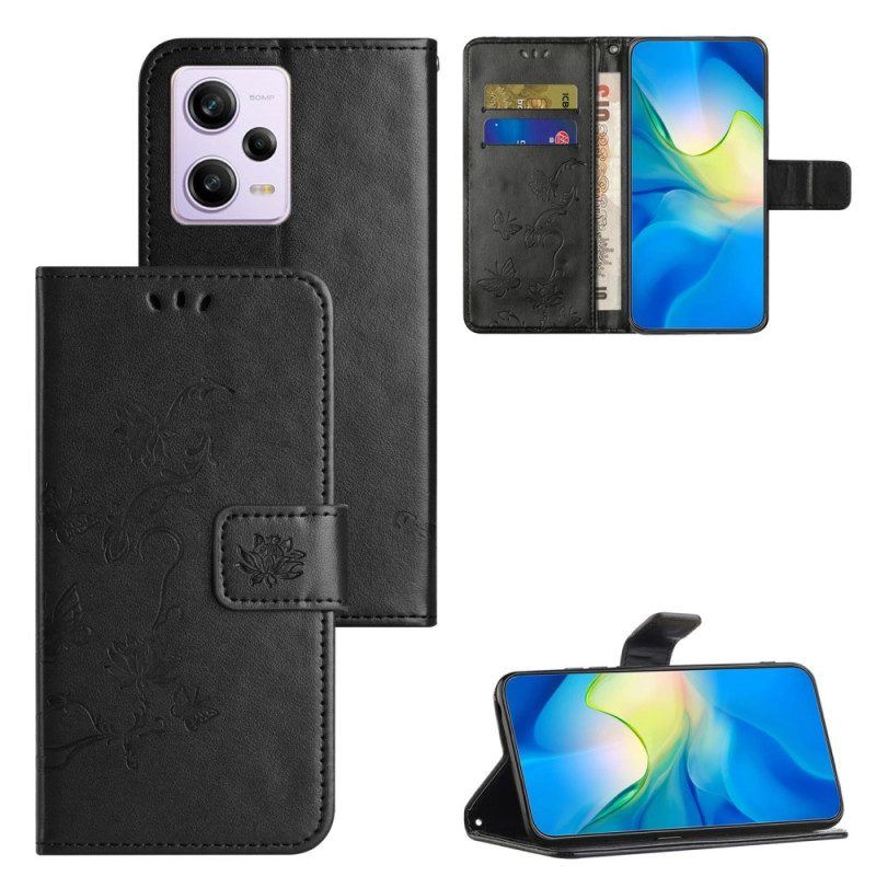 Flip Case Für Poco X5 Pro 5G Mit Kordel Riemchenblumenmuster