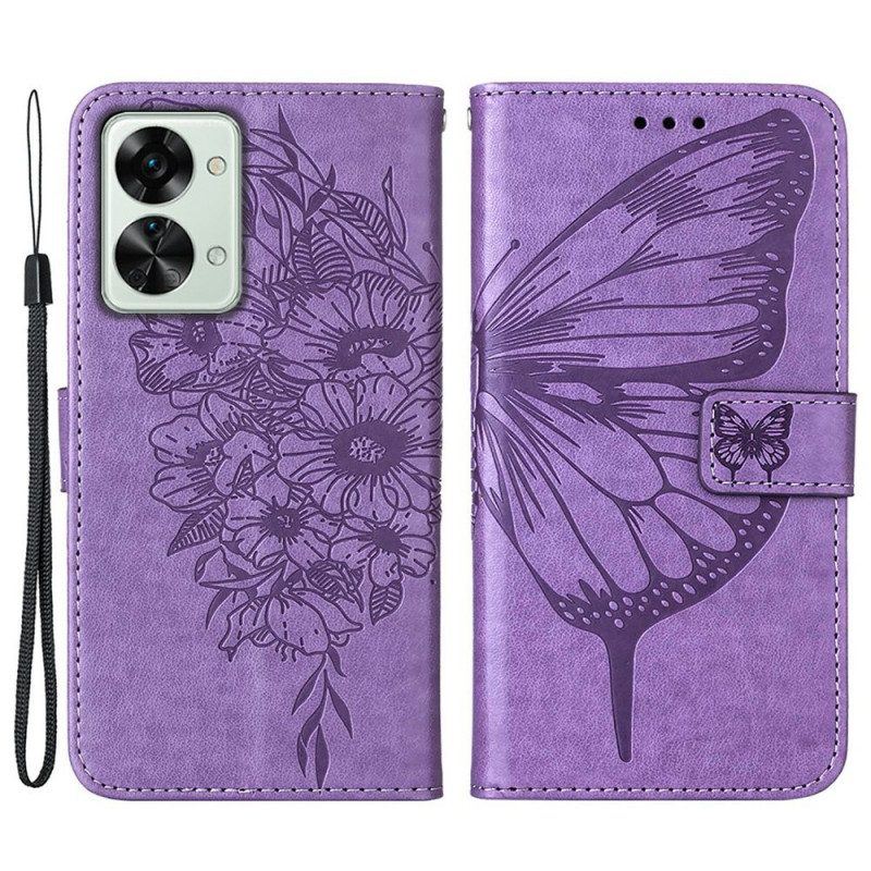 Flip Case Für OnePlus Nord 2T 5G Mit Kordel Künstlerischer Schmetterling Mit Riemen