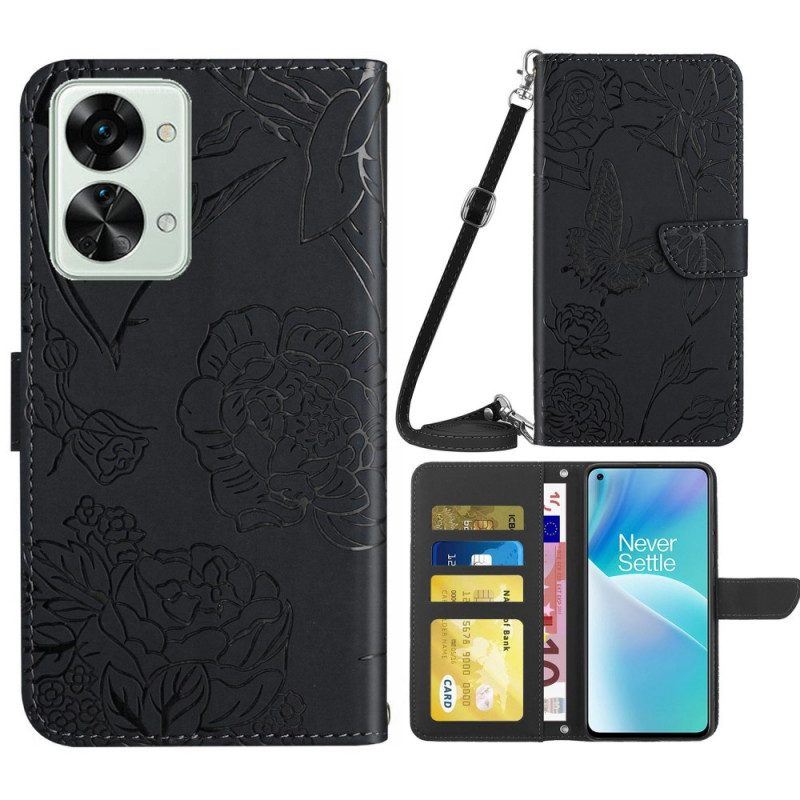 Flip Case Für OnePlus Nord 2T 5G Schmetterlinge Mit Schultergurt