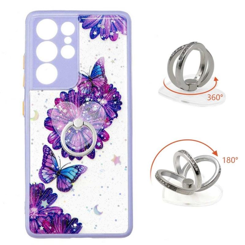 Hülle Für Samsung Galaxy S21 Ultra 5G Lila Blumen Und Schmetterlinge Mit Ring