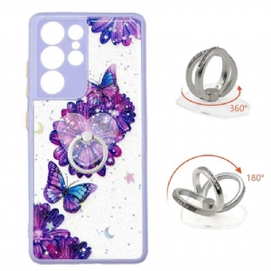 Hülle Für Samsung Galaxy S21 Ultra 5G Lila Blumen Und Schmetterlinge Mit Ring