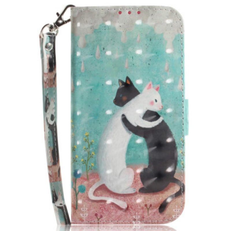 Flip Case Für Honor Magic 5 Lite Mit Kordel Weiße Katze. Schwarze Katze Mit Riemen