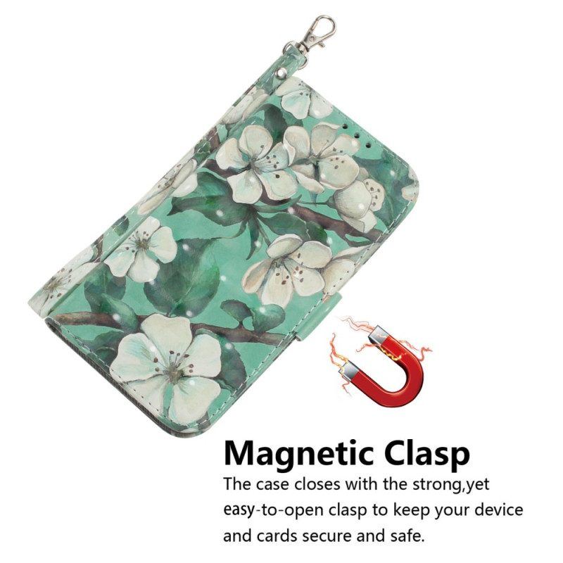 Flip Case Für Honor Magic 5 Lite Mit Kordel Weiße Riemchenblumen