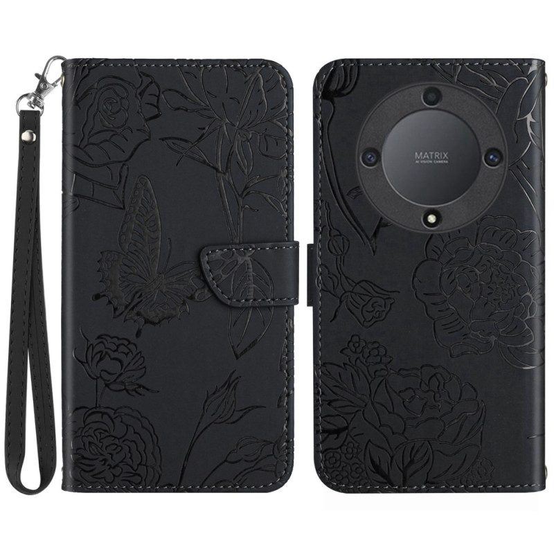 Flip Case Für Honor Magic 5 Lite Schmetterlinge Und Schlüsselband