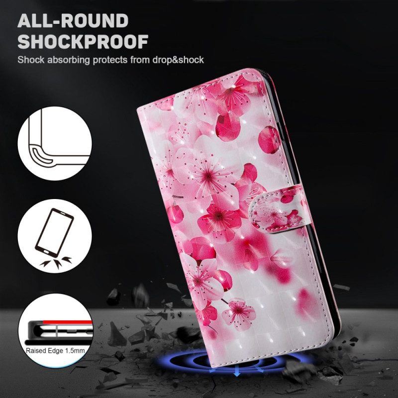 Flip Case Für Samsung Galaxy A14 / A14 5G Mit Kordel Riemchenrosa Blumen