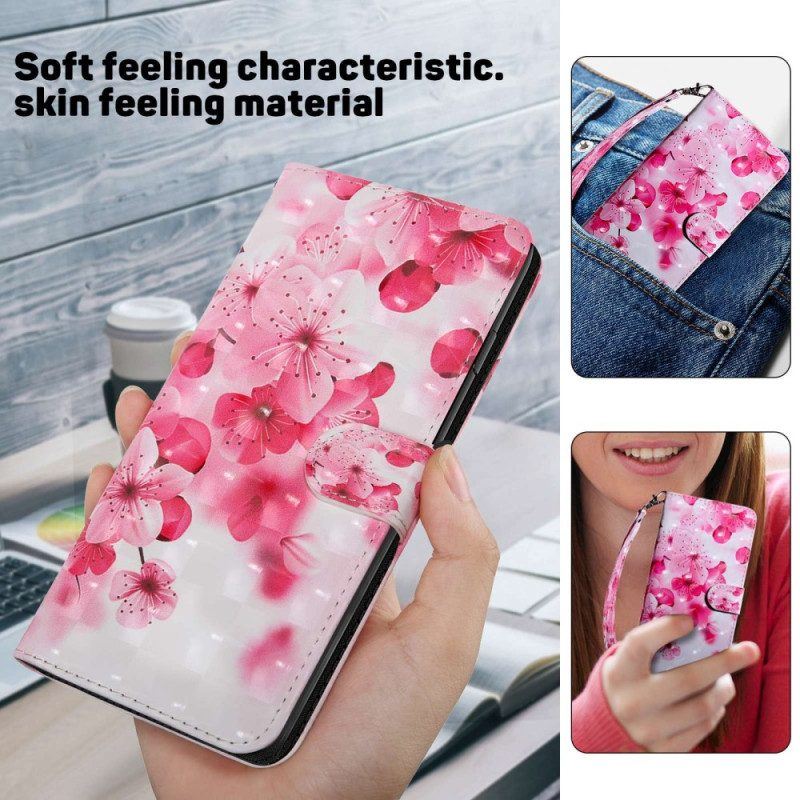 Flip Case Für Samsung Galaxy A14 / A14 5G Mit Kordel Riemchenrosa Blumen