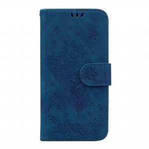 Flip Case Für Samsung Galaxy A14 / A14 5G Mit Kordel Riemchenrosen Und Schmetterlinge