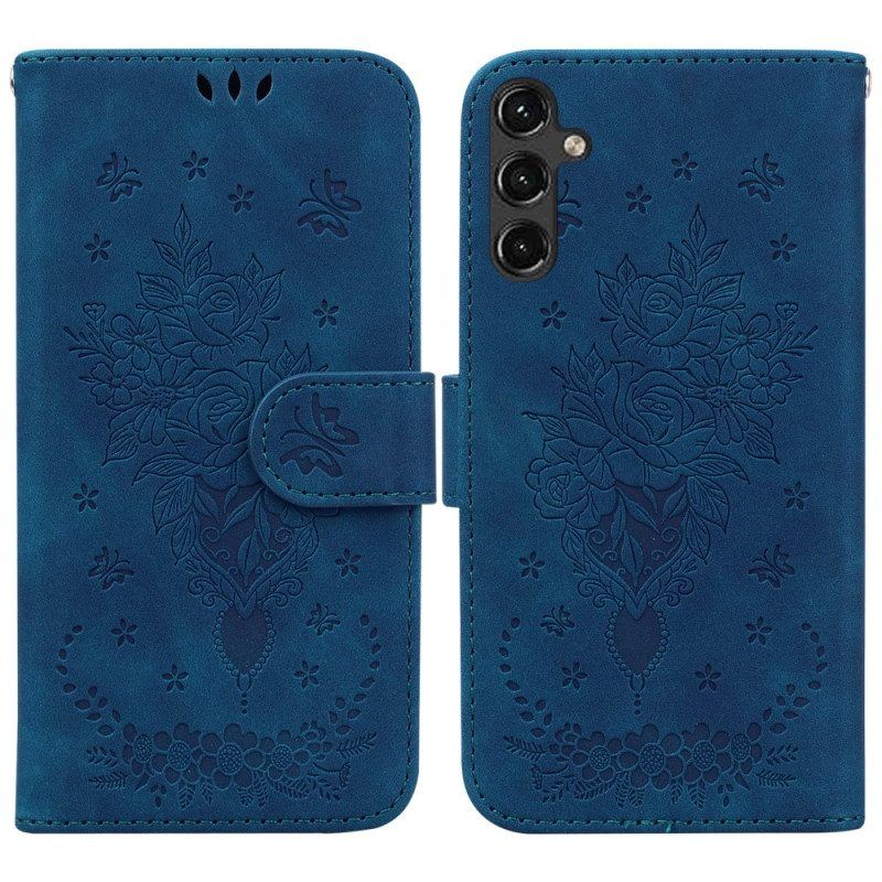 Flip Case Für Samsung Galaxy A14 / A14 5G Mit Kordel Riemchenrosen Und Schmetterlinge