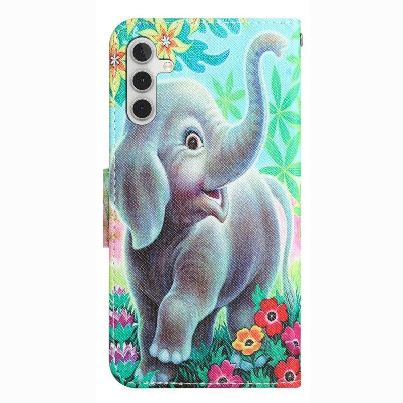 Lederhüllen Für Samsung Galaxy A14 / A14 5G Mit Kordel Fröhlicher Elefant Mit Schlüsselband