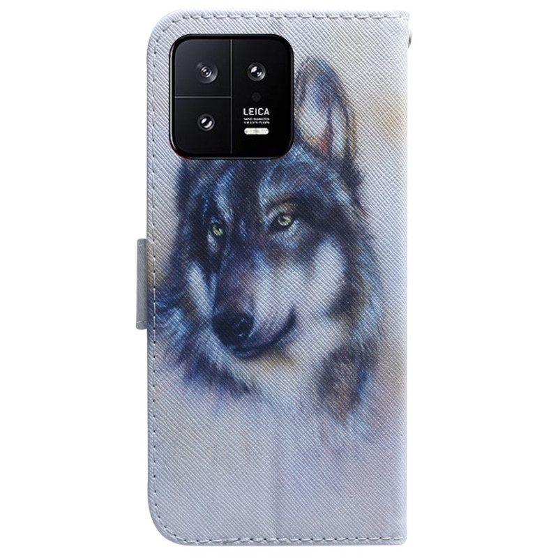 Flip Case Für Xiaomi 13 Mit Kordel Riemchen-aquarell-wolf