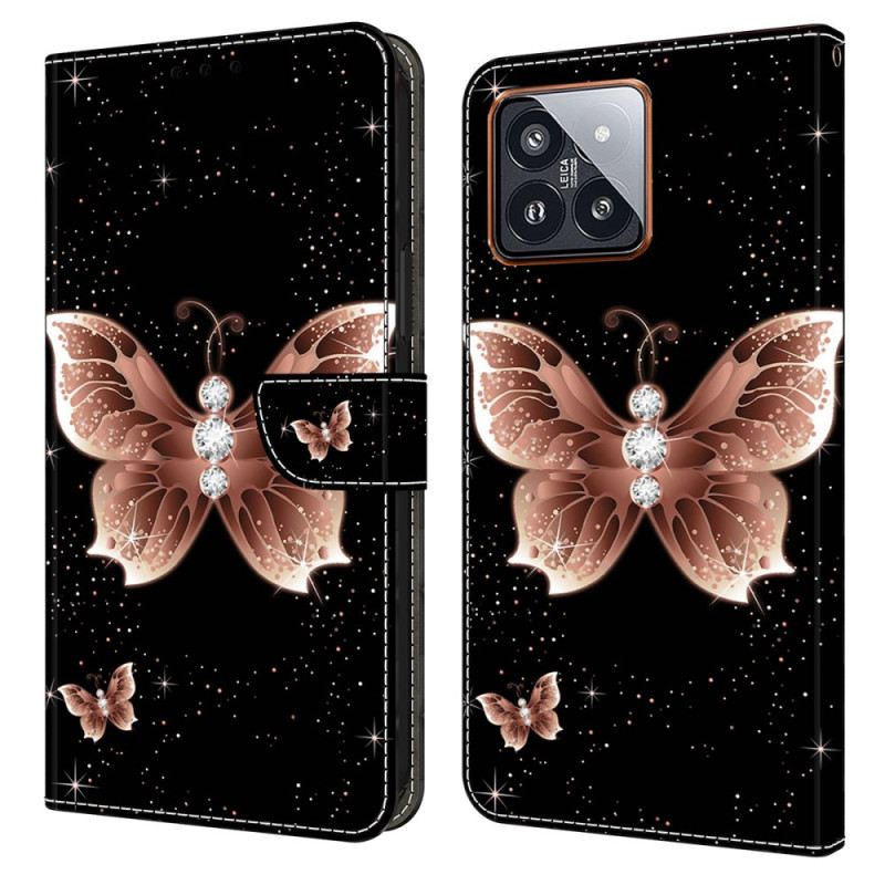 Lederhüllen Xiaomi 14 Pro Handyhülle Rosa Diamant-schmetterling