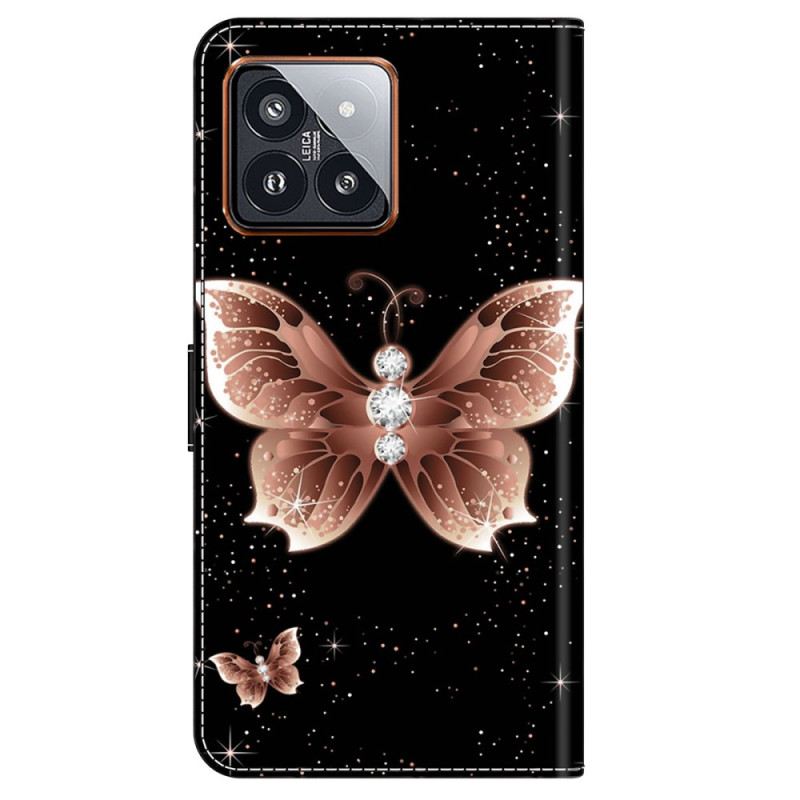 Lederhüllen Xiaomi 14 Pro Handyhülle Rosa Diamant-schmetterling