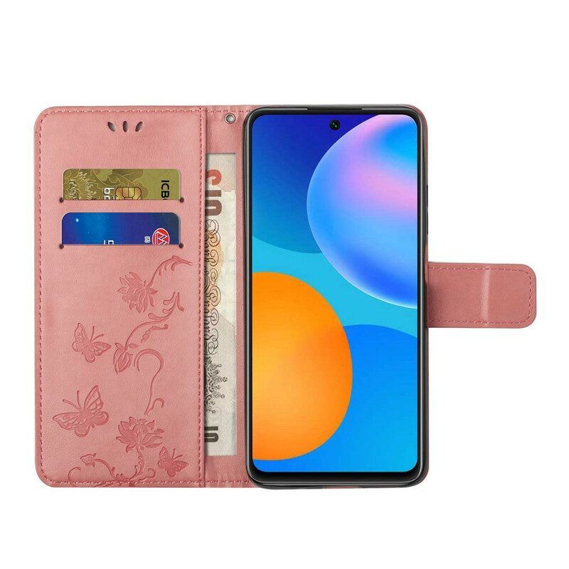 Lederhüllen Für Samsung Galaxy A52 4G / A52 5G / A52s 5G Mit Kordel Tanga-schmetterlinge Und Blumen