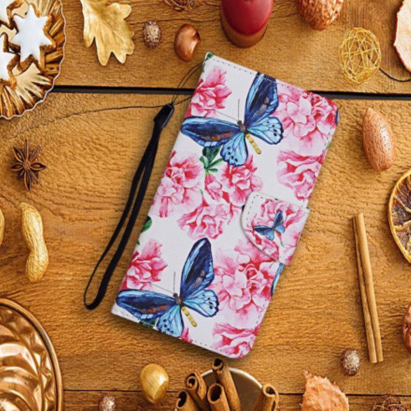 Lederhüllen Für Samsung Galaxy A52 4G / A52 5G / A52s 5G Schmetterlinge Blumen-lanyard