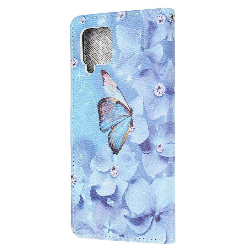 Flip Case Für Samsung Galaxy M12 / A12 Mit Kordel Riemchen-diamant-schmetterlinge