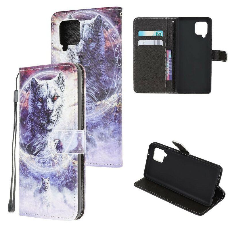 Flip Case Für Samsung Galaxy M12 / A12 Wolf Im Winter Mit Schlüsselband