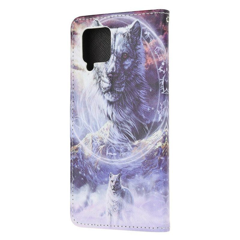 Flip Case Für Samsung Galaxy M12 / A12 Wolf Im Winter Mit Schlüsselband