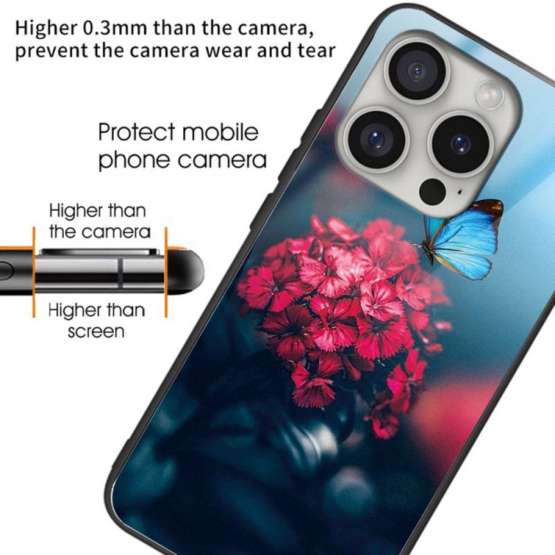 Hülle iPhone 16 Pro Max Blumen Aus Gehärtetem Glas Und Blauer Schmetterling